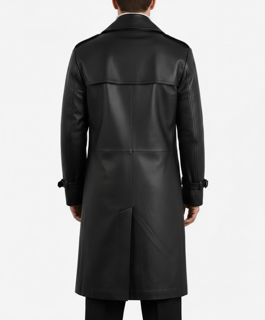 Men's Classic Genuine Leather Trench Coat - Left