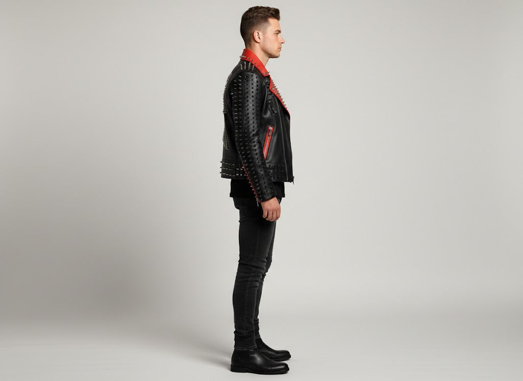 Men's Red and Black Studded Leather Jacket - Front