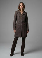 Women's Distressed Brown Leather Trench Coat - Front