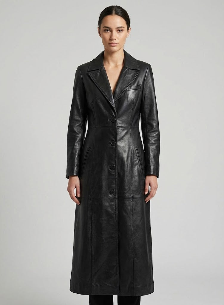 Handmade Sheepskin Leather Trench Coat - Front