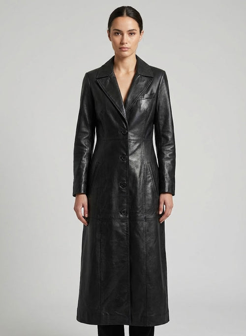Handmade Sheepskin Leather Trench Coat - Front