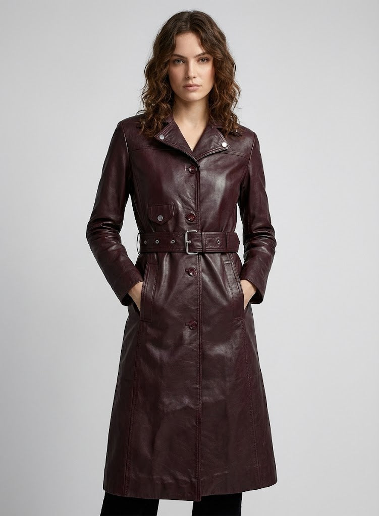 Women's Brown Leather Trench Coat - Front