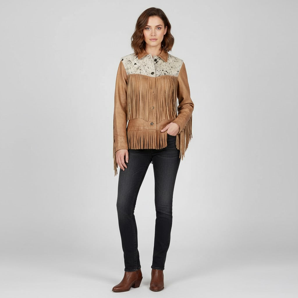 Women's Brown Suede Fringe Western Jacket - Front