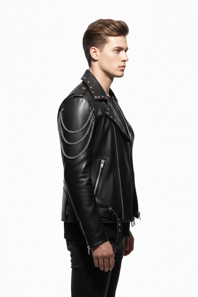 Black Leather Gothic Biker Jacket for Men - Back