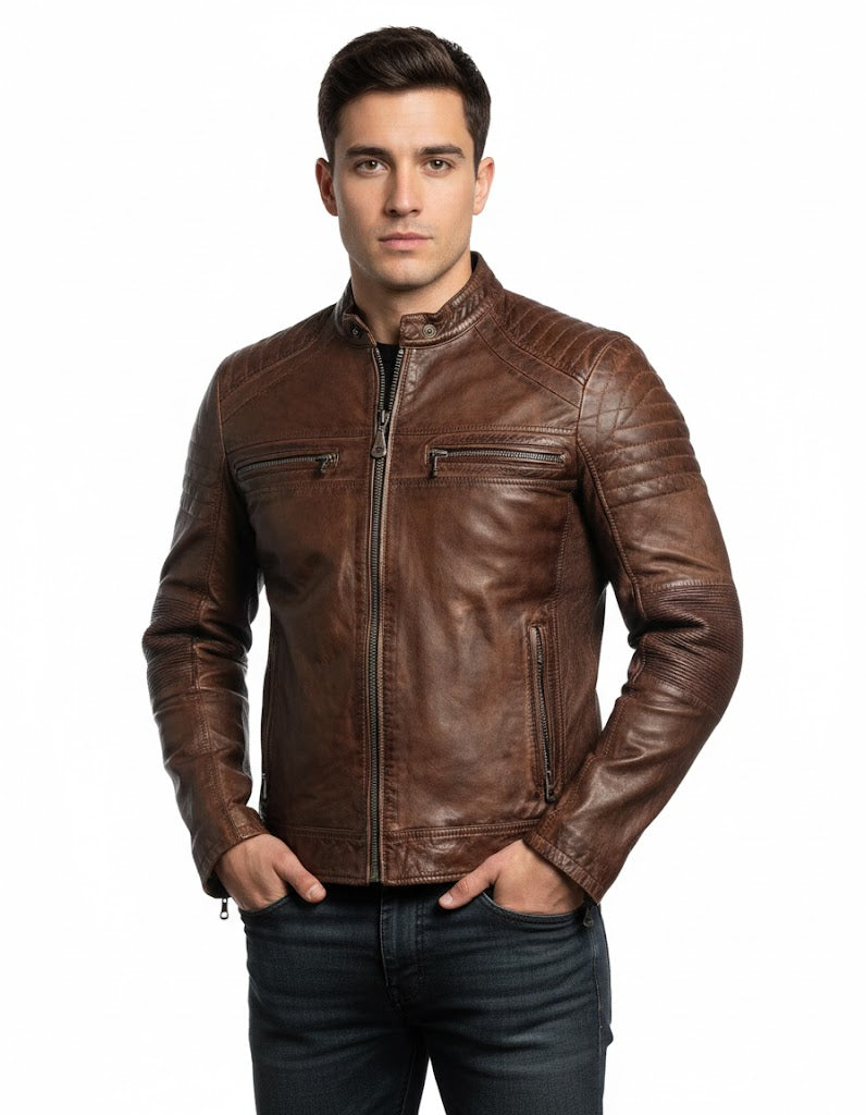 Brown Cafe Racer Leather Jacket for Men - Front