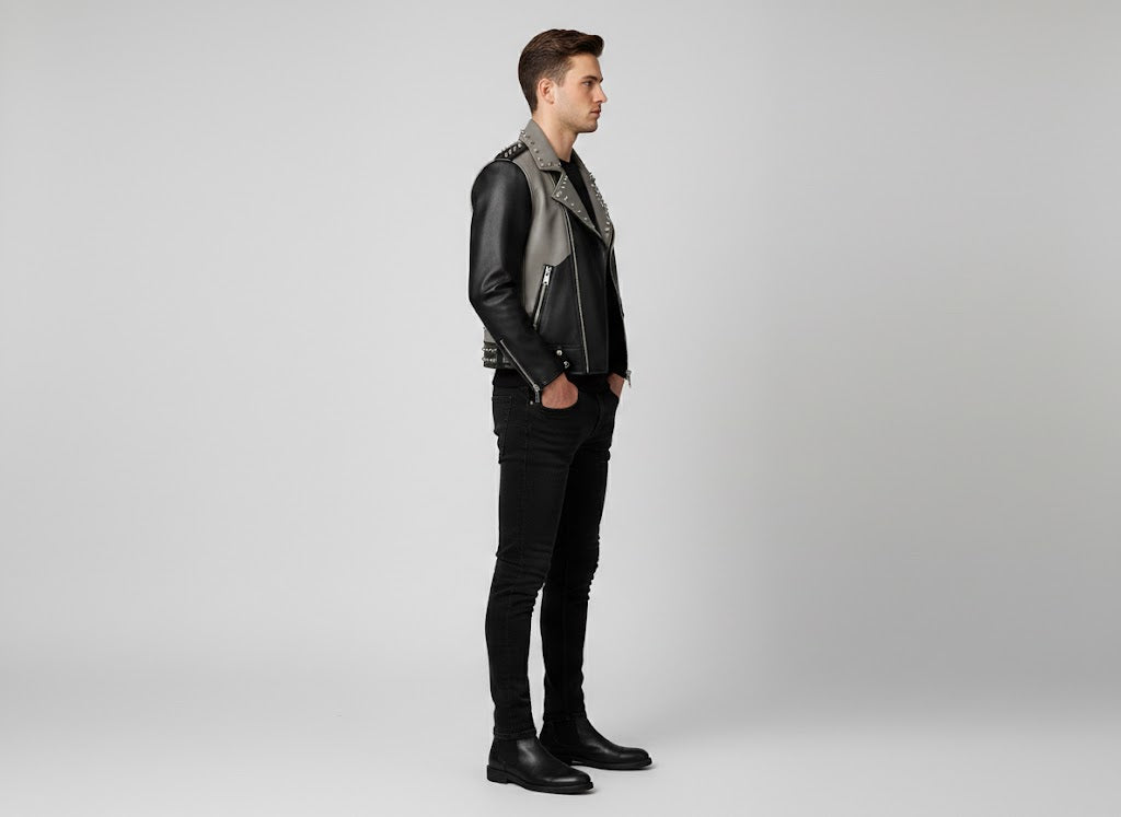Men's Black and Grey Studded Leather Biker Jacket - Back