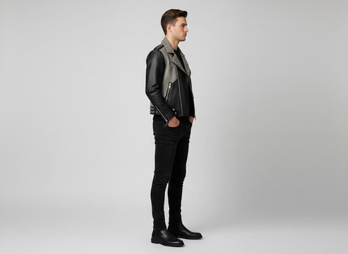 Men's Black and Grey Studded Leather Biker Jacket - Back