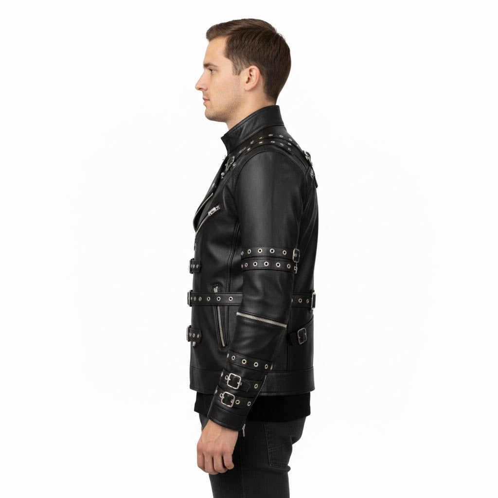 Men's Black Leather Biker Jacket Premium - Back