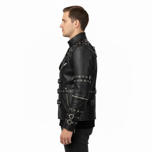 Men's Black Leather Biker Jacket Premium - Back