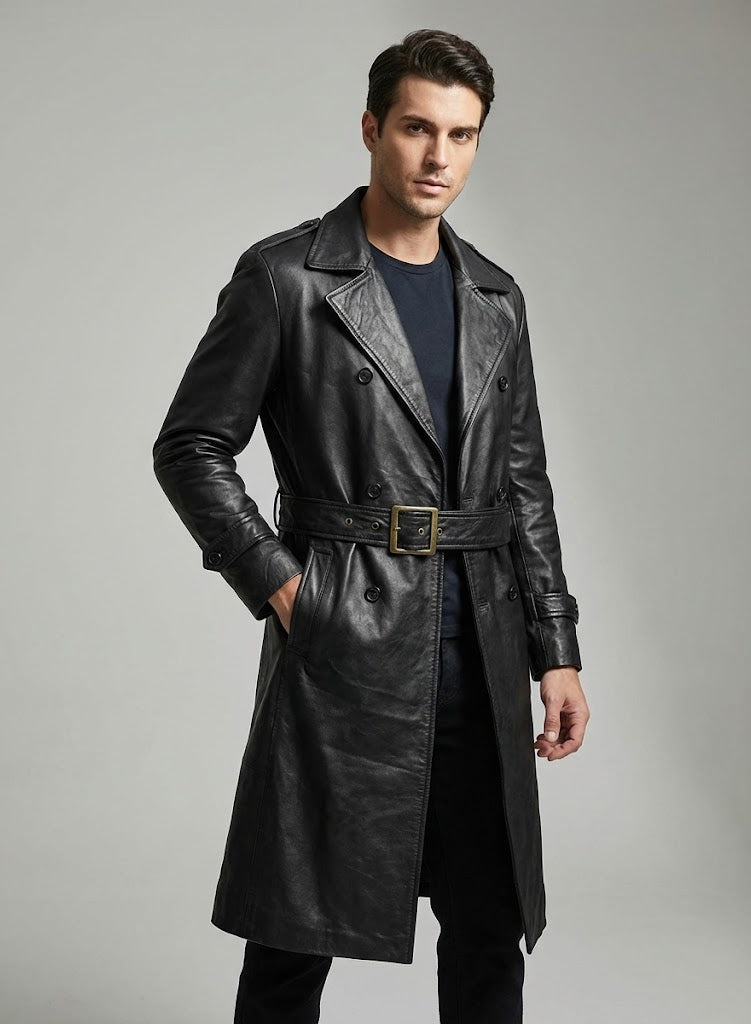 Men's Black Leather Long Coat - Front