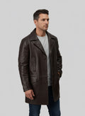 Men's Brown Genuine Leather Trench Coat - Front