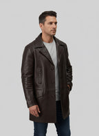 Men's Brown Genuine Leather Trench Coat - Front