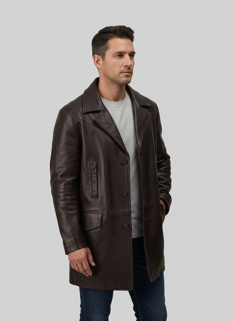 Men's Brown Genuine Leather Trench Coat - Front