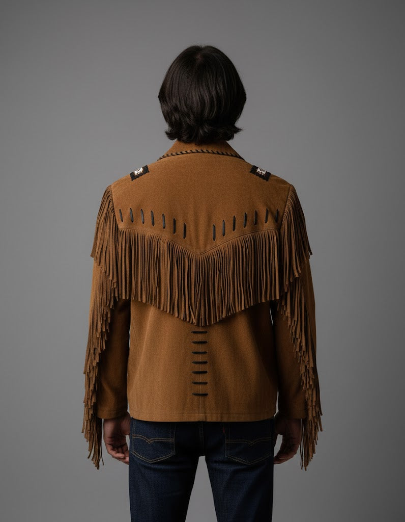 Men's Suede Leather Fringe Cowboy Jacket - Left