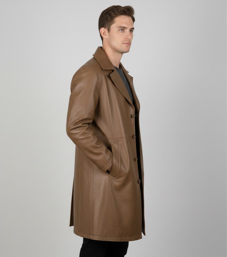 Men's Brown Leather Car Coat - Back