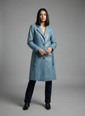 Women's Blue Leather Long Coat - Front