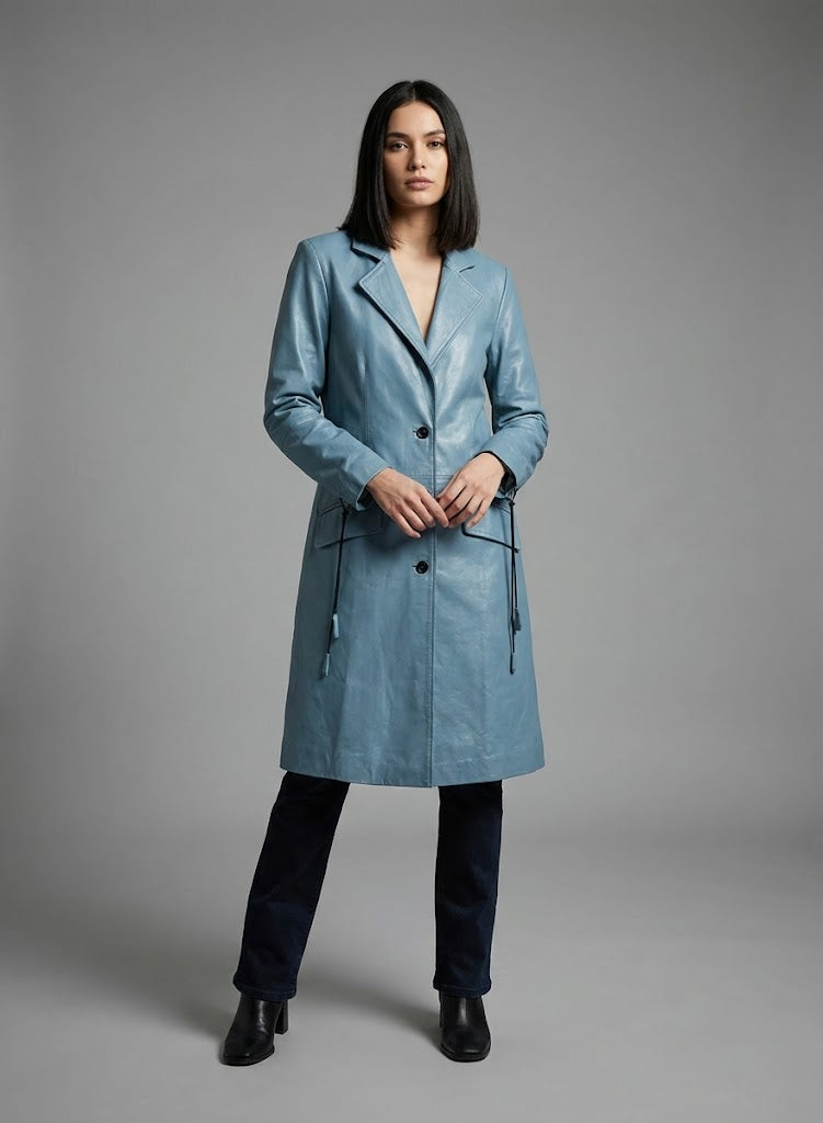 Women's Blue Leather Long Coat - Front