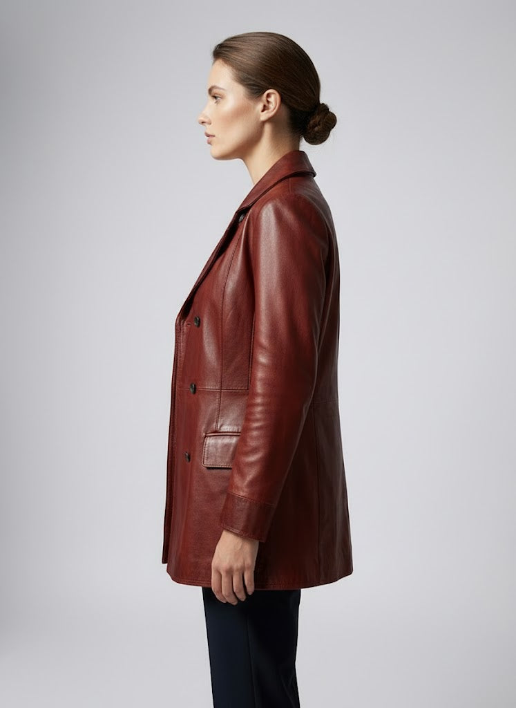 Maroon Leather Trench Coat for Women - Back
