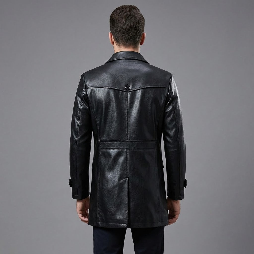 Men's Classic Real Leather Trench Coat - Back