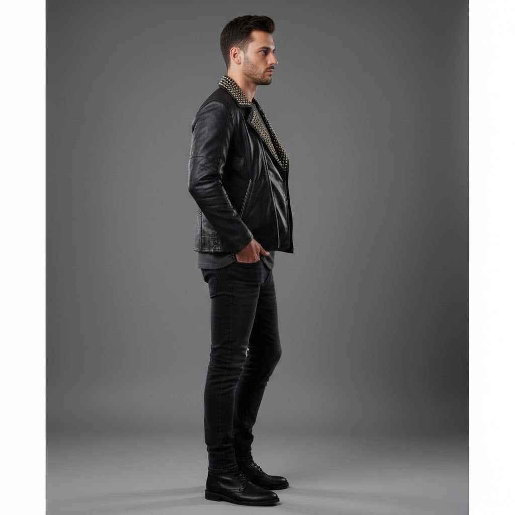 Men's Studded Lambskin Leather Jacket - Back