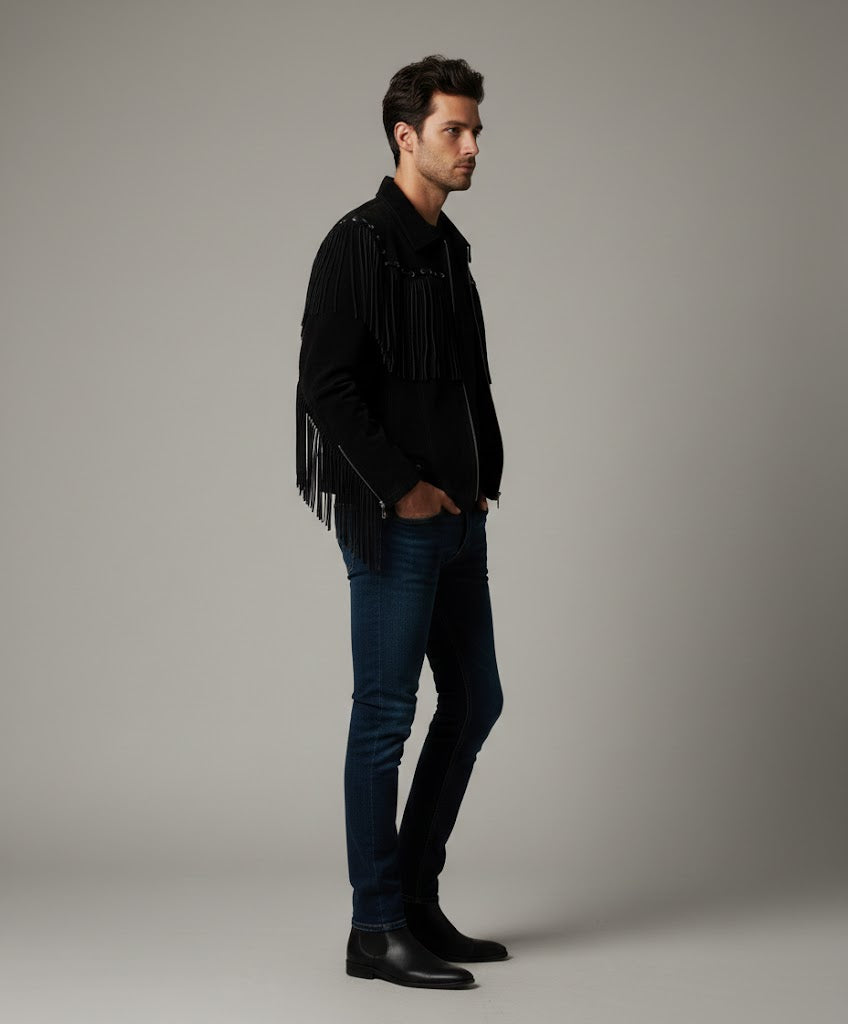 Men's Black Western Leather Jacket - Back