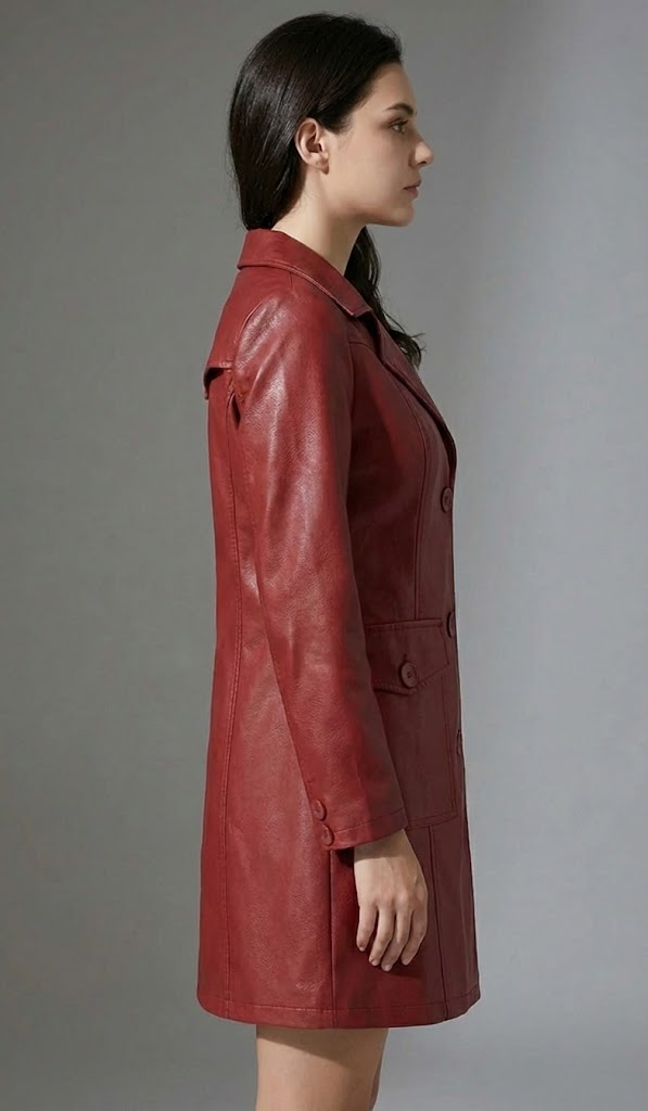 Women's Maroon PU Leather Trench Coat - Back