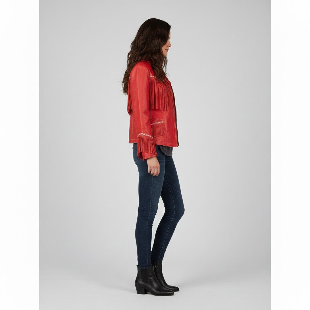 Women's Red Fringe Western Leather Jacket Handcrafted - Back