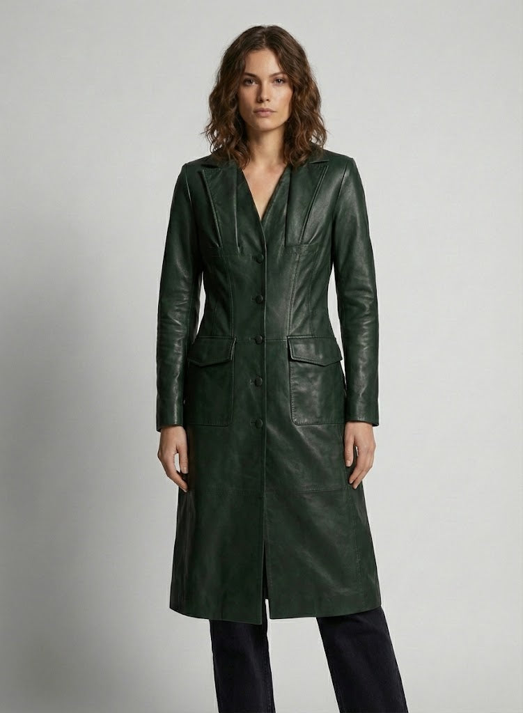 Green Long Leather Coat for Women - Front