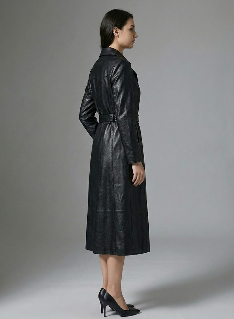 Long Black Leather Trench Coat - Back