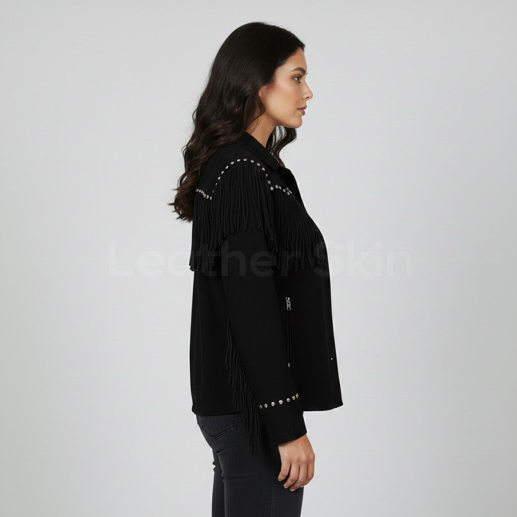 Women's Black Western Leather Jacket - Back