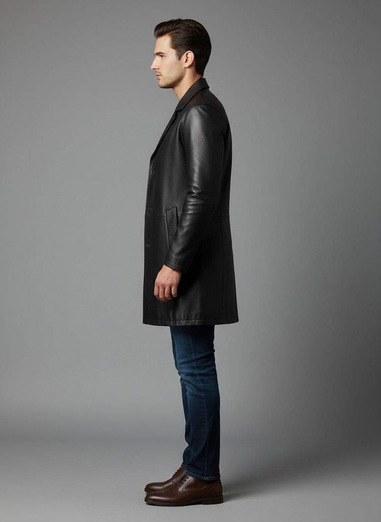 Men's Cowhide Black Long Leather Coat - Back