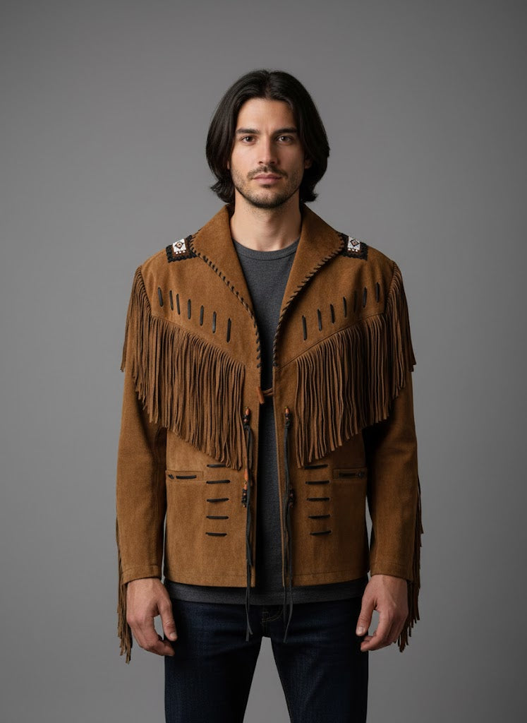 Men's Suede Leather Fringe Cowboy Jacket - Front