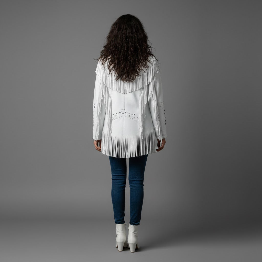 White Suede Fringe Western Jacket - Left