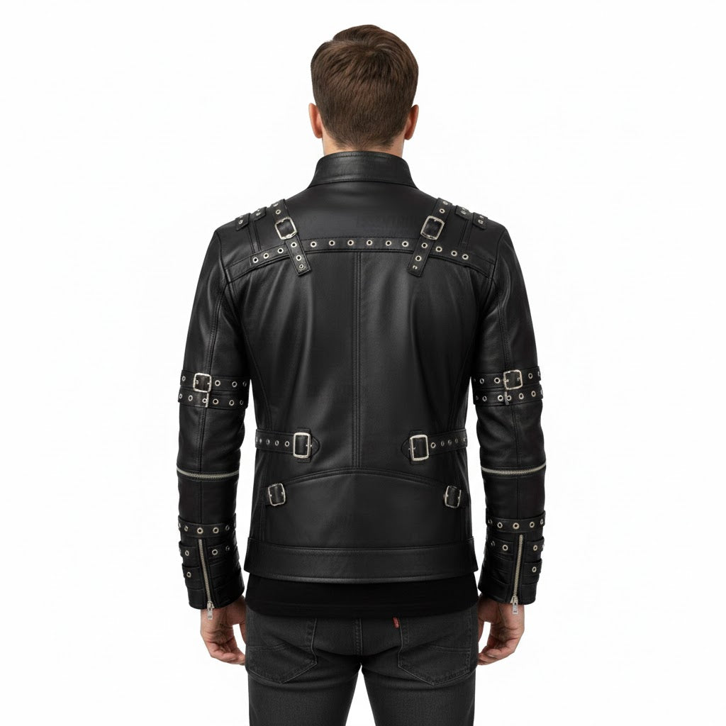 Men's Black Leather Biker Jacket Premium - Left