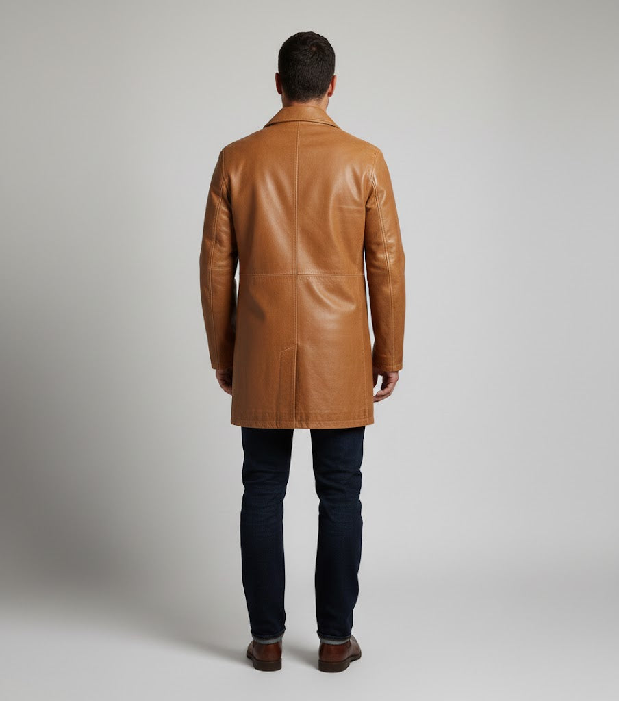 Men's Camel Brown Leather Car Coat Classic Style - Left