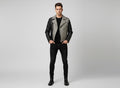 Men's Black and Grey Studded Leather Biker Jacket - Front