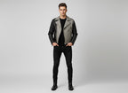 Men's Black and Grey Studded Leather Biker Jacket - Front
