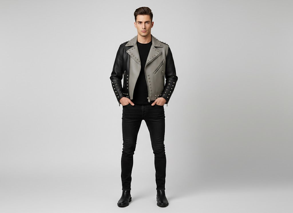 Men's Black and Grey Studded Leather Biker Jacket - Front