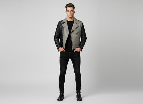 Men's Black and Grey Studded Leather Biker Jacket - Front