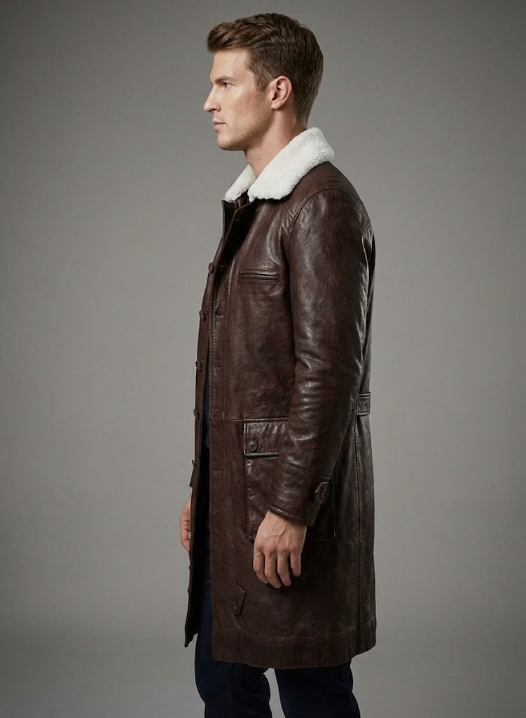 Men's Brown Washed Wax Leather Trench Coat - Back