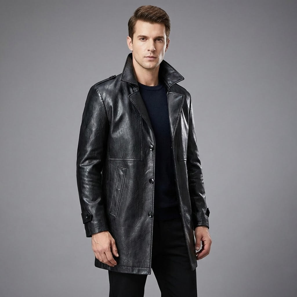 Men's Classic Real Leather Trench Coat - Front