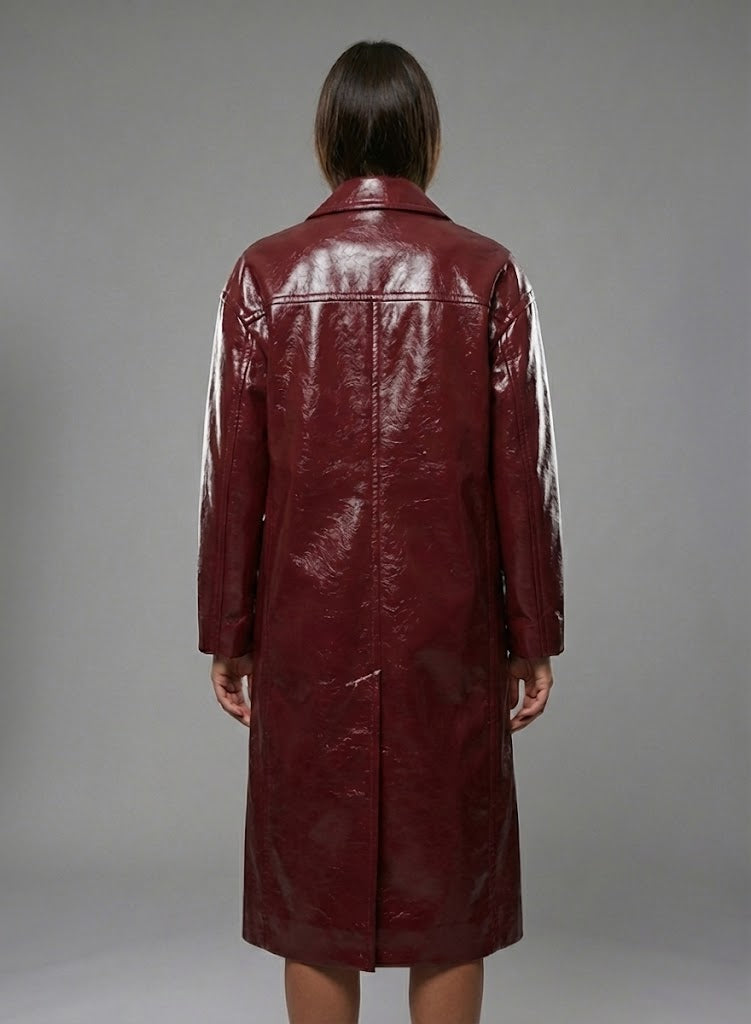 Women's Double-Breasted Leather Trench Coat - Left