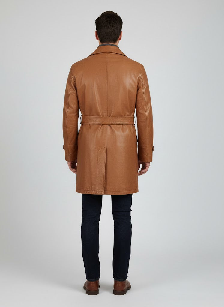 Handmade Tan Brown Leather Trench Coat - Back