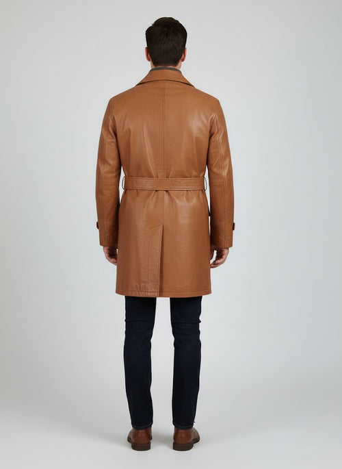 Handmade Tan Brown Leather Trench Coat - Back