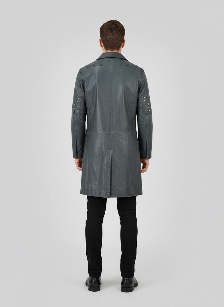 Charlton Grey Leather Single Breasted Coat - Back