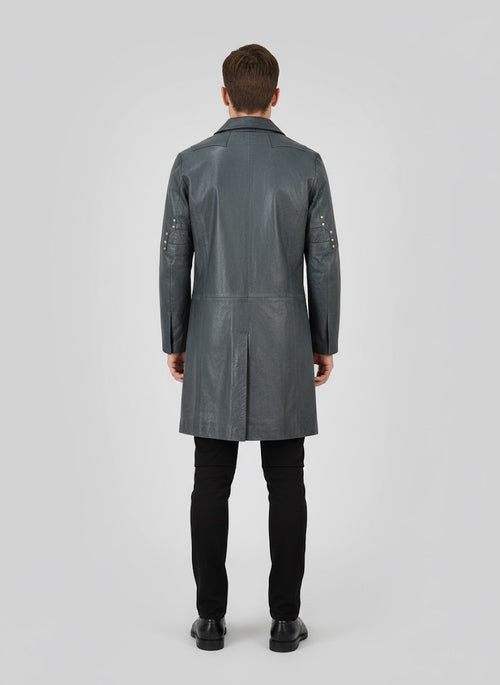 Charlton Grey Leather Single Breasted Coat - Back