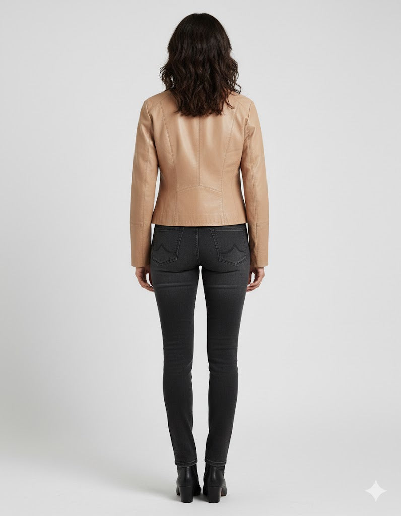 Women's Beige Collarless Leather Jacket - Left