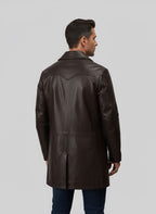Men's Brown Genuine Leather Trench Coat - Back
