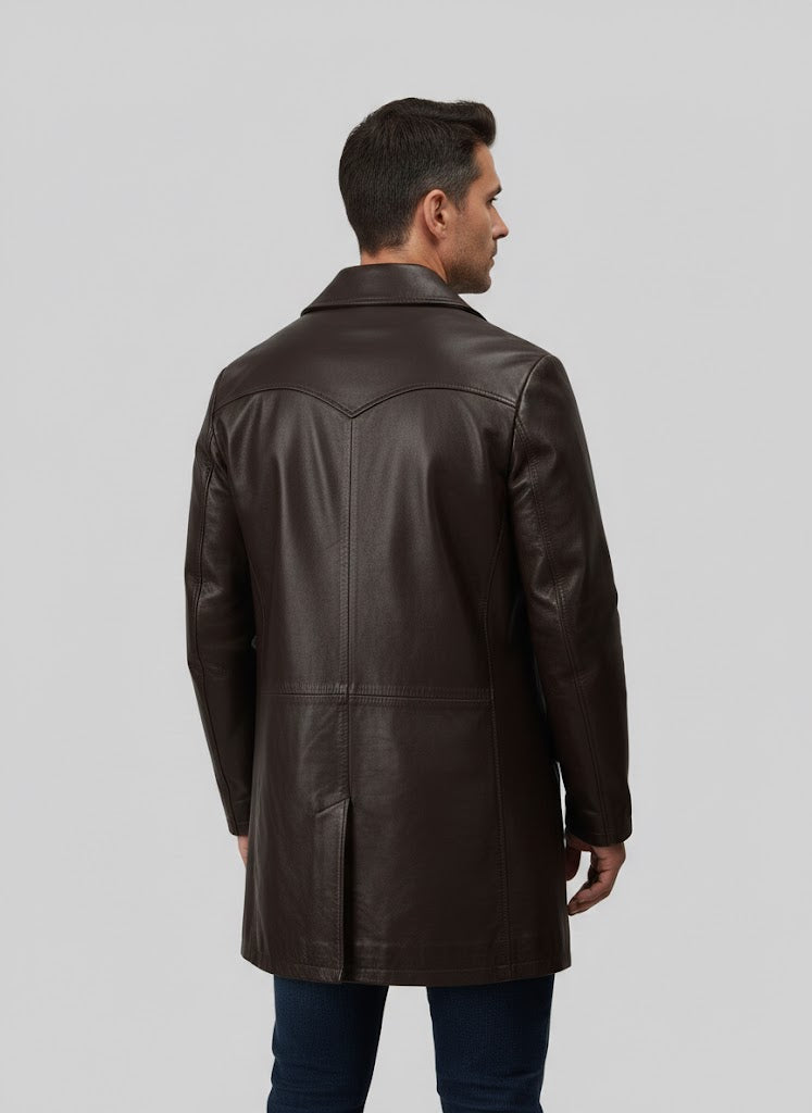 Men's Brown Genuine Leather Trench Coat - Back