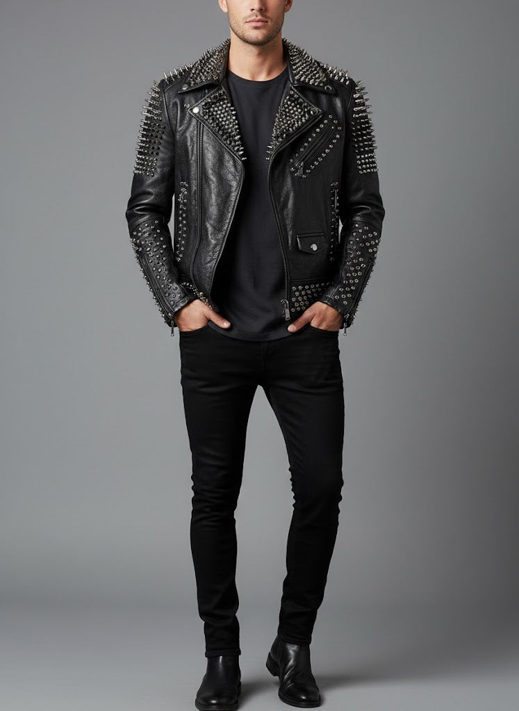Men's Studded Punk Biker Leather Jacket - Front